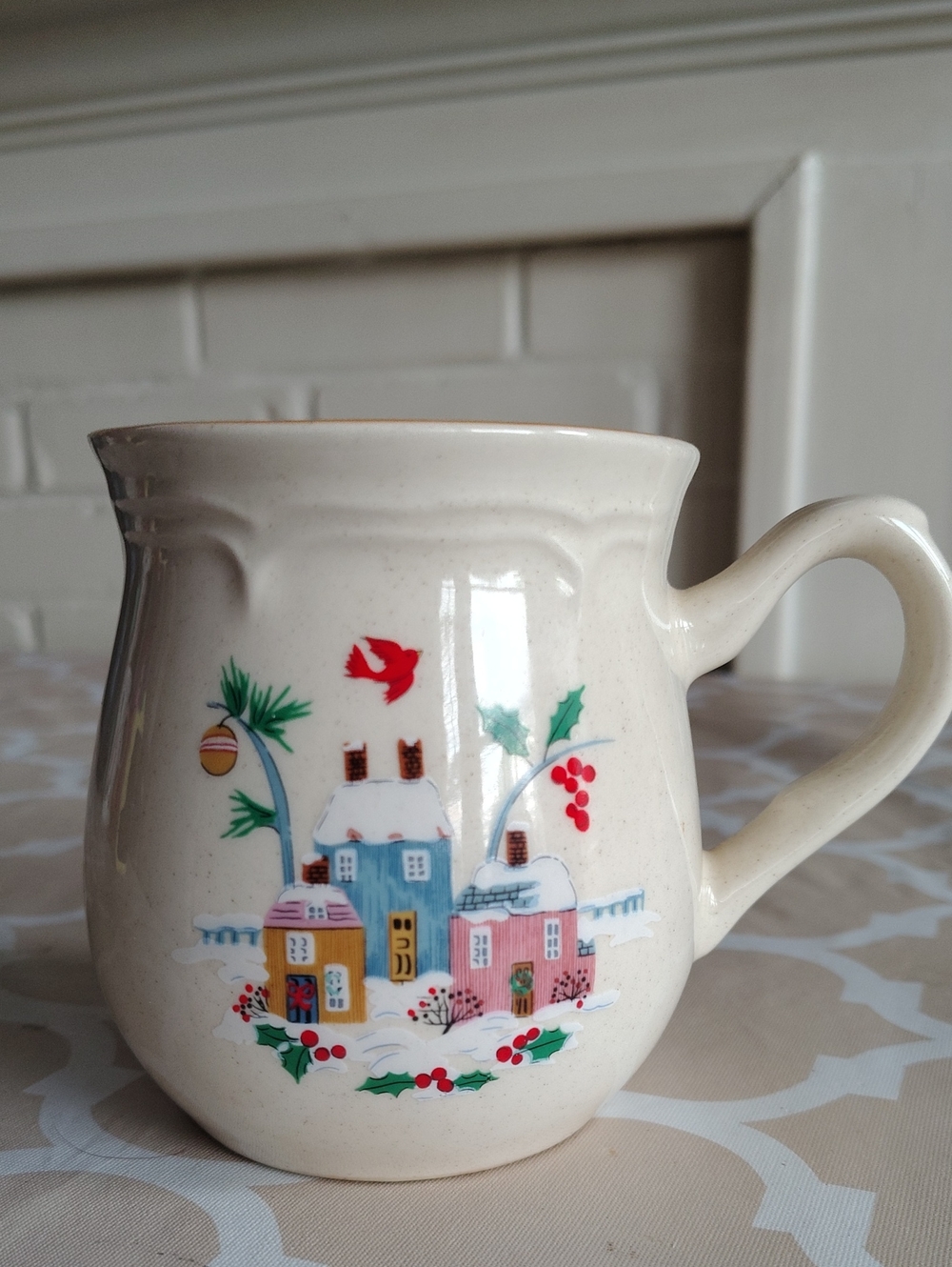 Vintage Christmas Village Stoneware Coffee Mug 16 oz Cardinal